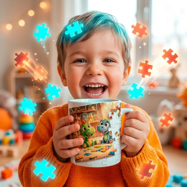 Criança escaneando caneca interativa