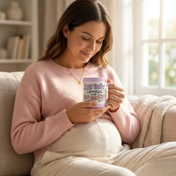 Gestante com caneca da coleção