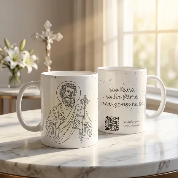 Detalhe de linda caneca católica com QR code