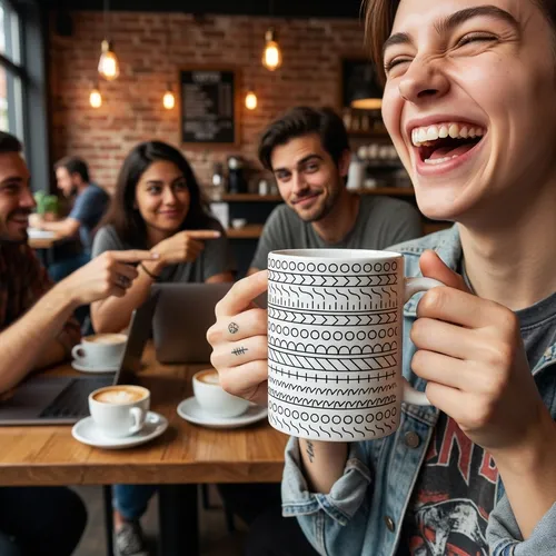 Pessoa rindo ao descobrir mensagem oculta na caneca